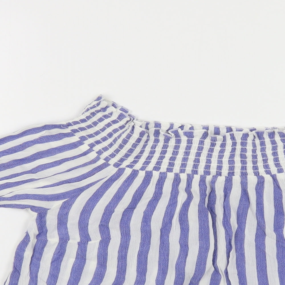 Warehouse Womens Blue Striped Viscose Basic Blouse Size 10 Off the Shoulder