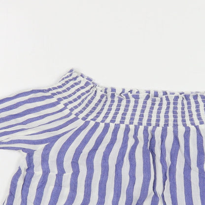 Warehouse Womens Blue Striped Viscose Basic Blouse Size 10 Off the Shoulder