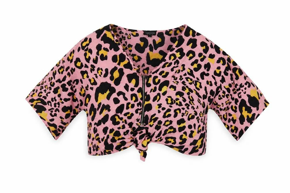 Topshop Womens Pink Animal Print Viscose Cropped Blouse Size 10 V-Neck - Tie Front