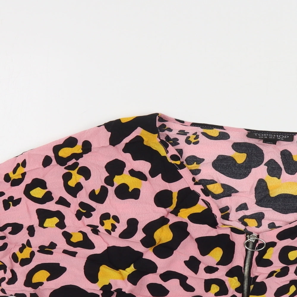 Topshop Womens Pink Animal Print Viscose Cropped Blouse Size 10 V-Neck - Tie Front