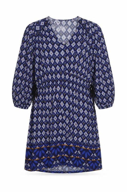 Next Womens Blue Geometric Viscose Kaftan Size 6 V-Neck Tie