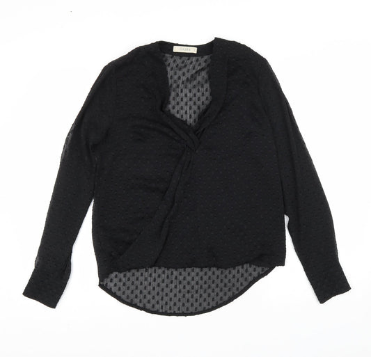 Oasis Womens Black Geometric Polyester Basic Blouse Size 10 V-Neck - wrap detail