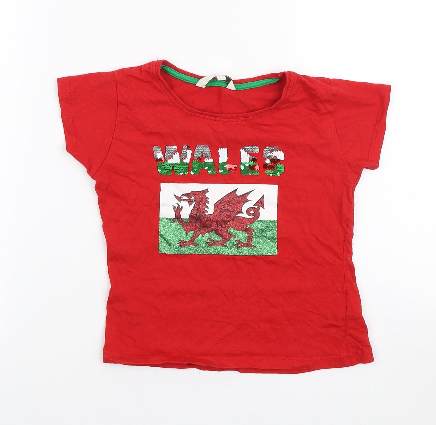 Miss Evie Girls Red Cotton Basic T-Shirt Size 6-7 Years Round Neck Pullover - Wales