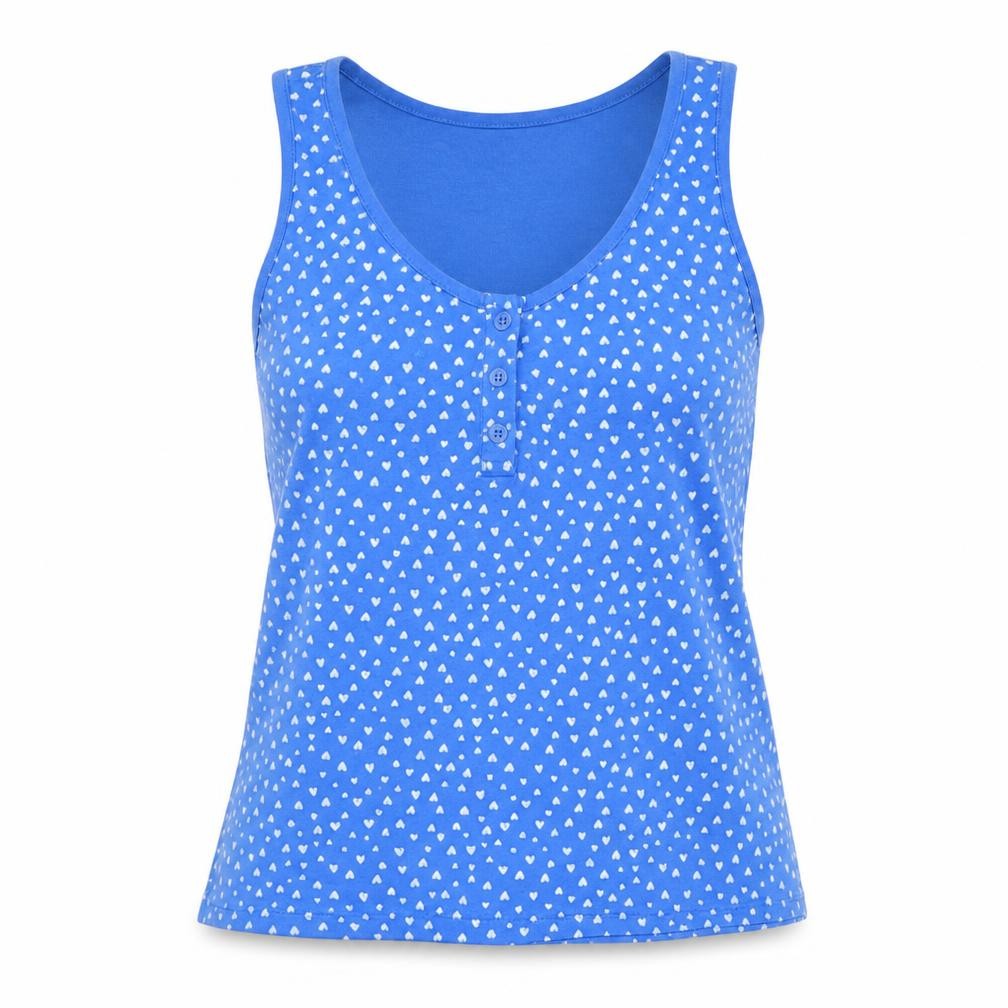 People Tree Womens Blue Geometric 100% Cotton Basic Tank Size 14 Scoop Neck - Love Heart Print