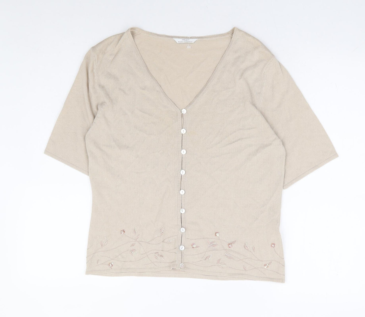 Marks and Spencer Womens Beige V-Neck Cotton Cardigan Jumper Size 14