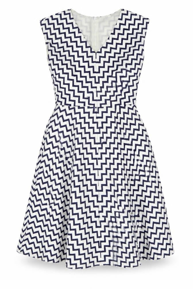 Louche Womens Blue Geometric Polyester A-Line Size 8 Round Neck Zip