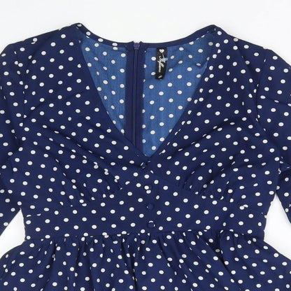 Influence Womens Blue Polka Dot Polyester Basic Blouse Size 8 V-Neck