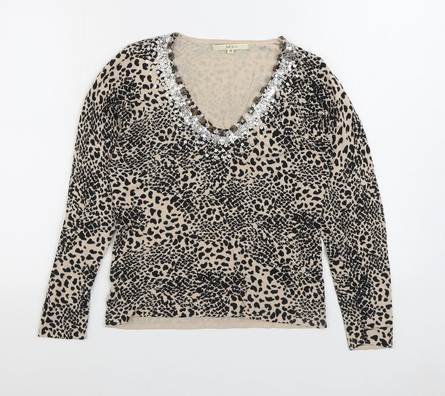 JEFF&CO Womens Brown V-Neck Animal Print Acrylic Pullover Jumper Size 10 - Leopard Print