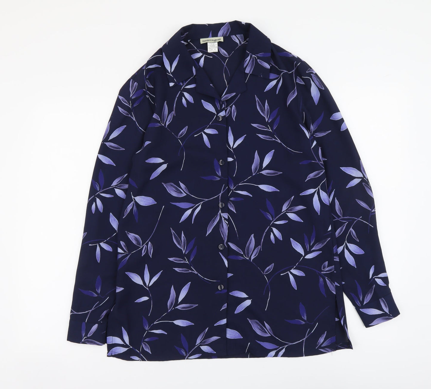 Suzanne Grae Womens Blue Floral Polyester Basic Button-Up Size 10 Collared