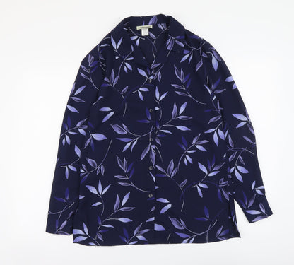 Suzanne Grae Womens Blue Floral Polyester Basic Button-Up Size 10 Collared