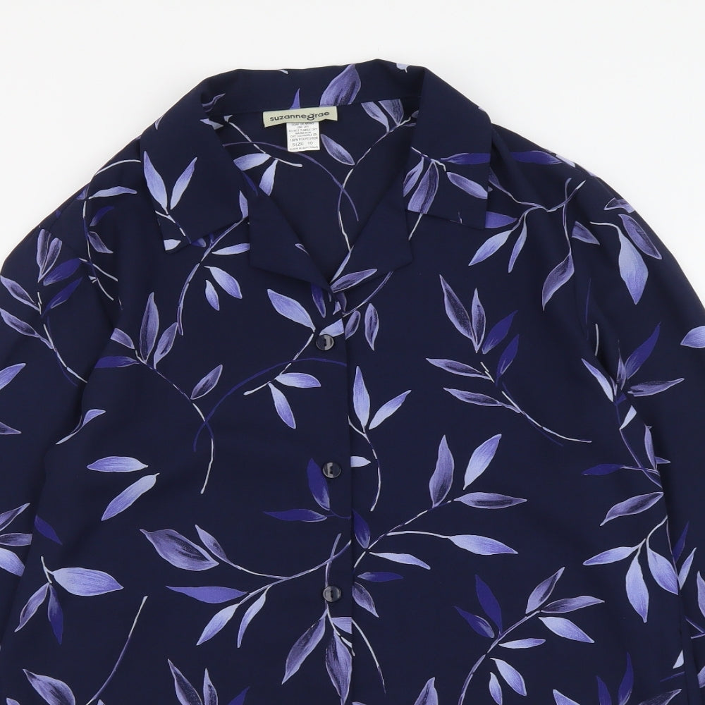 Suzanne Grae Womens Blue Floral Polyester Basic Button-Up Size 10 Collared