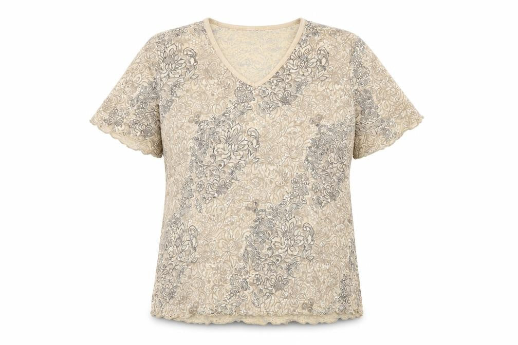 Berkertex Womens Beige Floral Nylon Basic T-Shirt Size 18 V-Neck