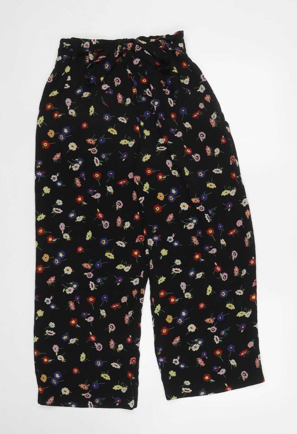 Zara Womens Black Floral Polyester Bloomer Trousers Size S L24.5 in Regular Tie