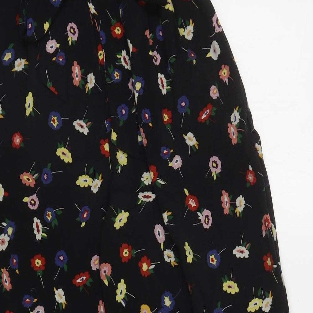 Zara Womens Black Floral Polyester Bloomer Trousers Size S L24.5 in Regular Tie