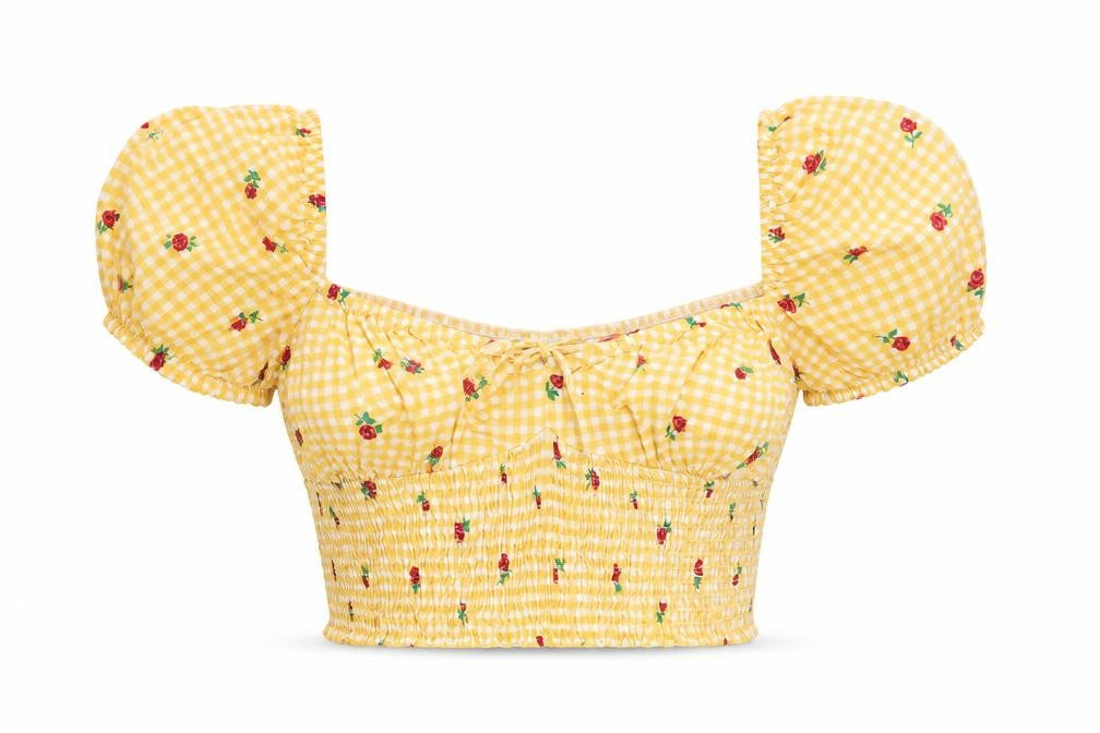 Stradivarius Womens Yellow Floral Viscose Cropped T-Shirt Size S Square Neck - Gingham