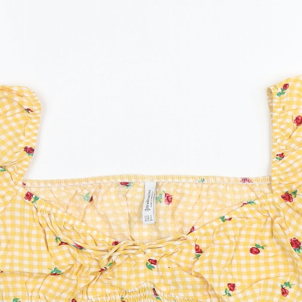 Stradivarius Womens Yellow Floral Viscose Cropped T-Shirt Size S Square Neck - Gingham
