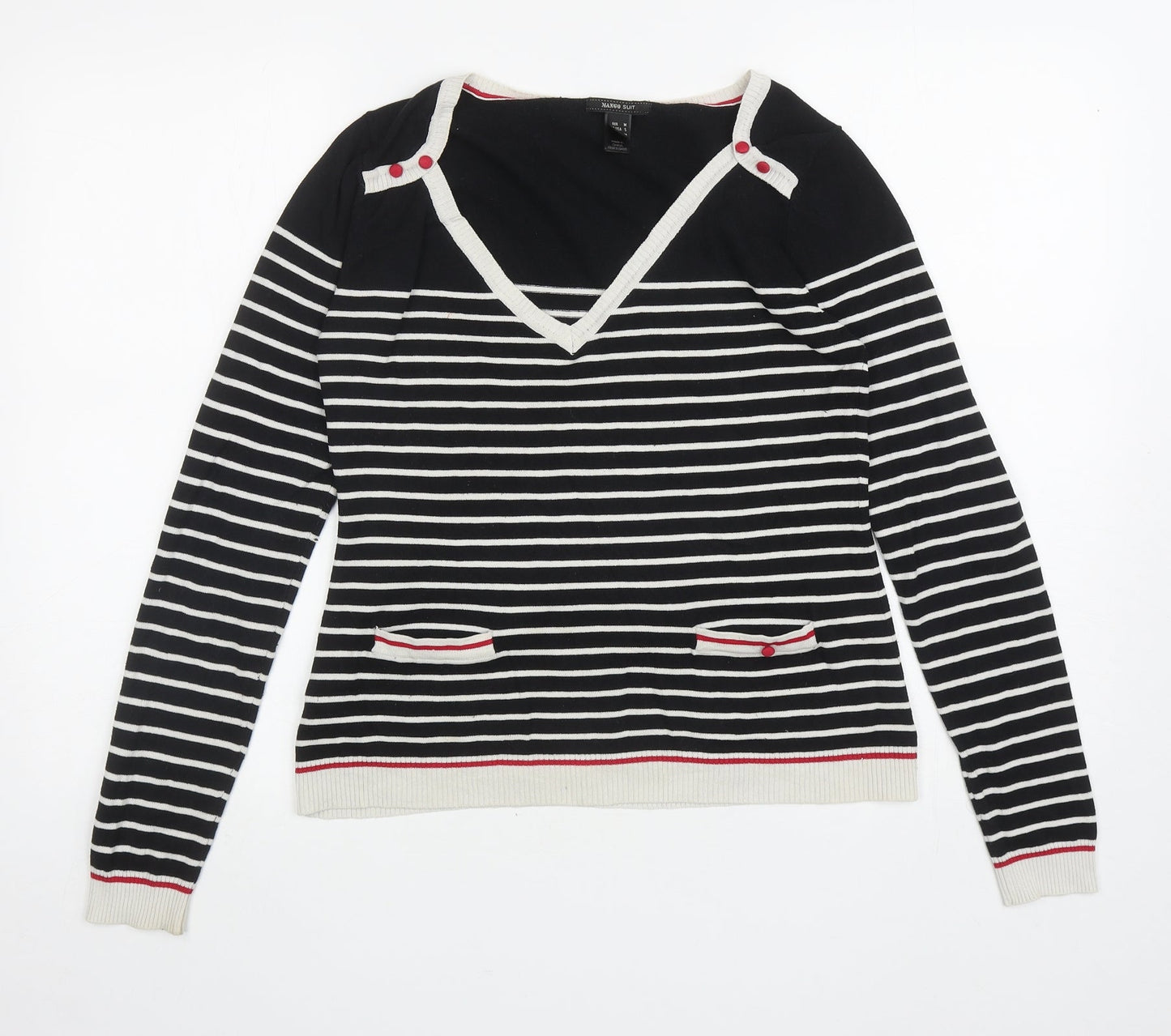 Mango Womens Black V-Neck Striped Silk Pullover Jumper Size M