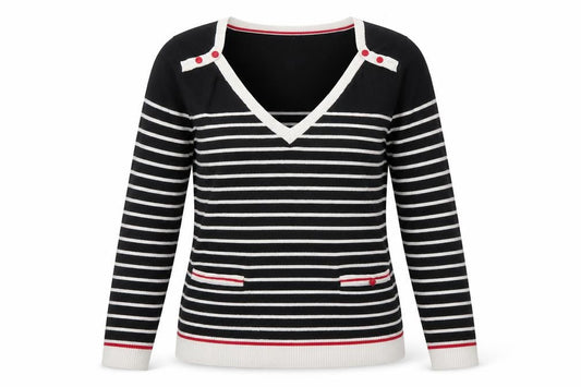 Mango Womens Black V-Neck Striped Silk Pullover Jumper Size M