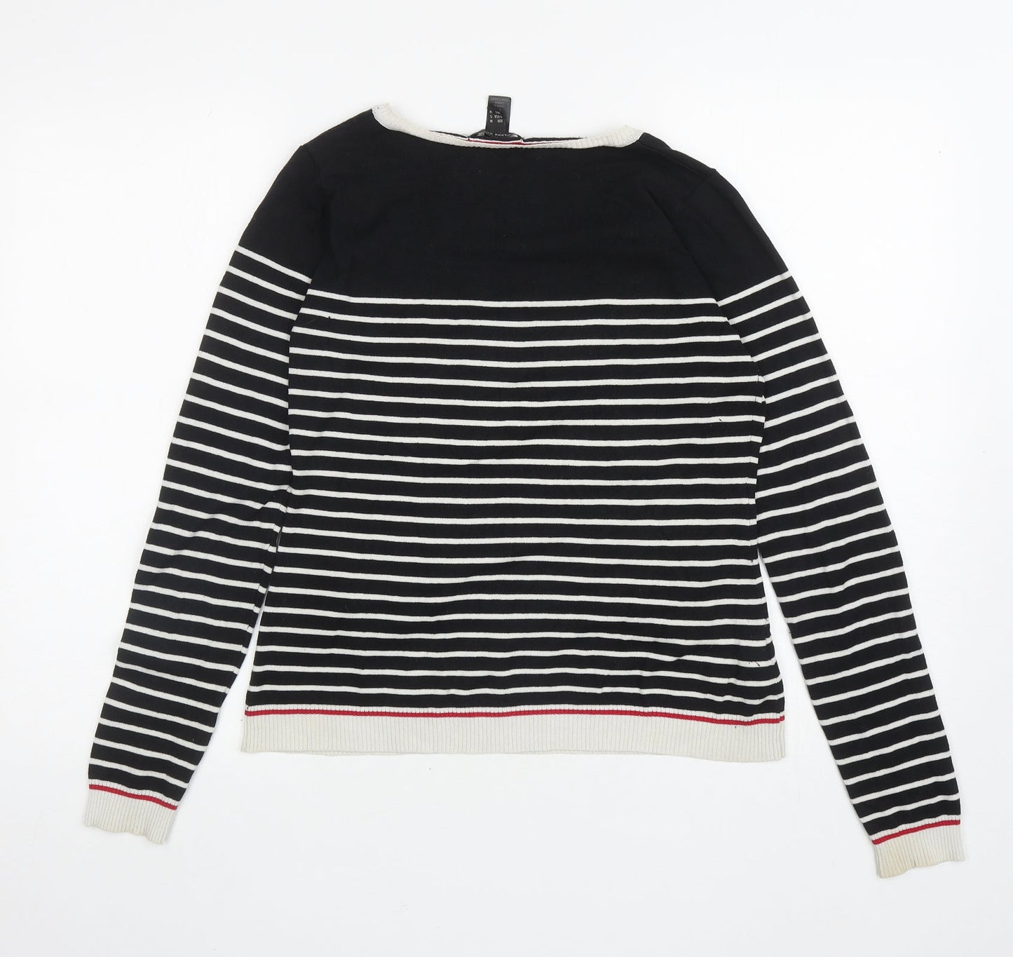 Mango Womens Black V-Neck Striped Silk Pullover Jumper Size M