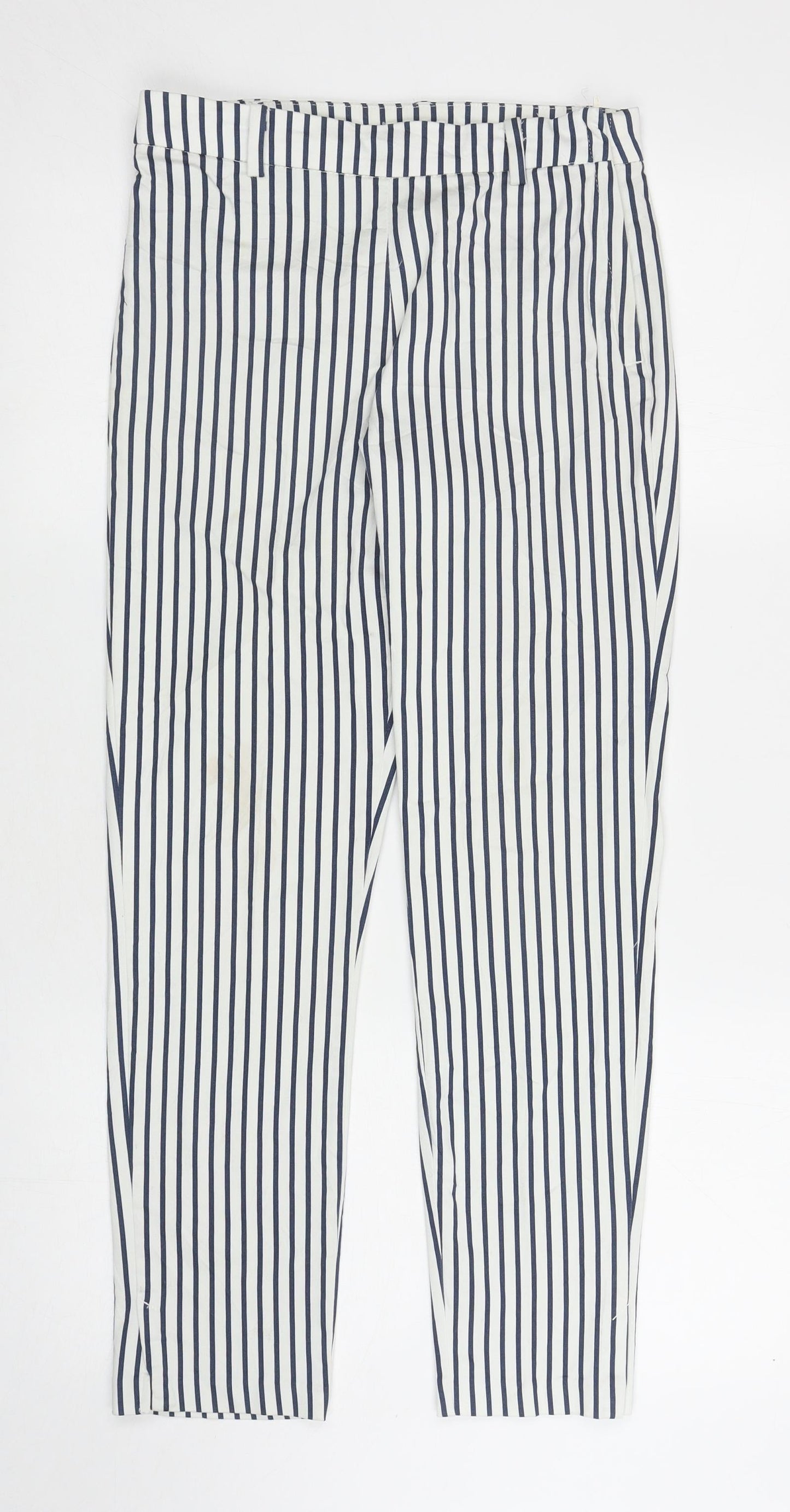 H&M Womens White Striped Cotton Carrot Trousers Size 8 L26.5 in Regular Zip