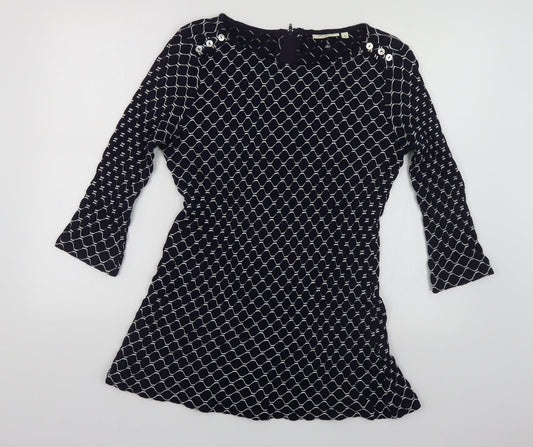 Adini Womens Blue Geometric Cotton Tunic Blouse Size M Boat Neck