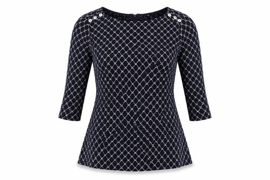 Adini Womens Blue Geometric Cotton Tunic Blouse Size M Boat Neck