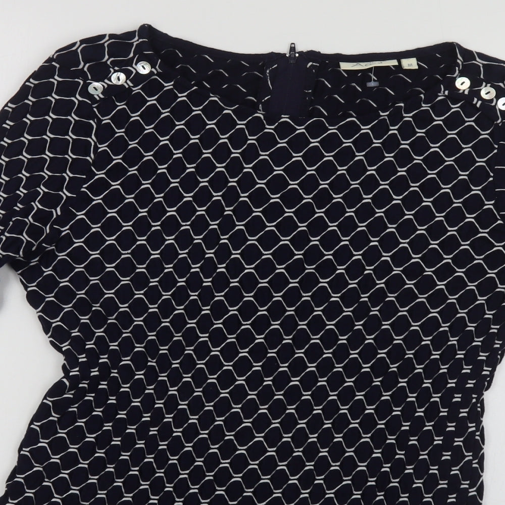 Adini Womens Blue Geometric Cotton Tunic Blouse Size M Boat Neck