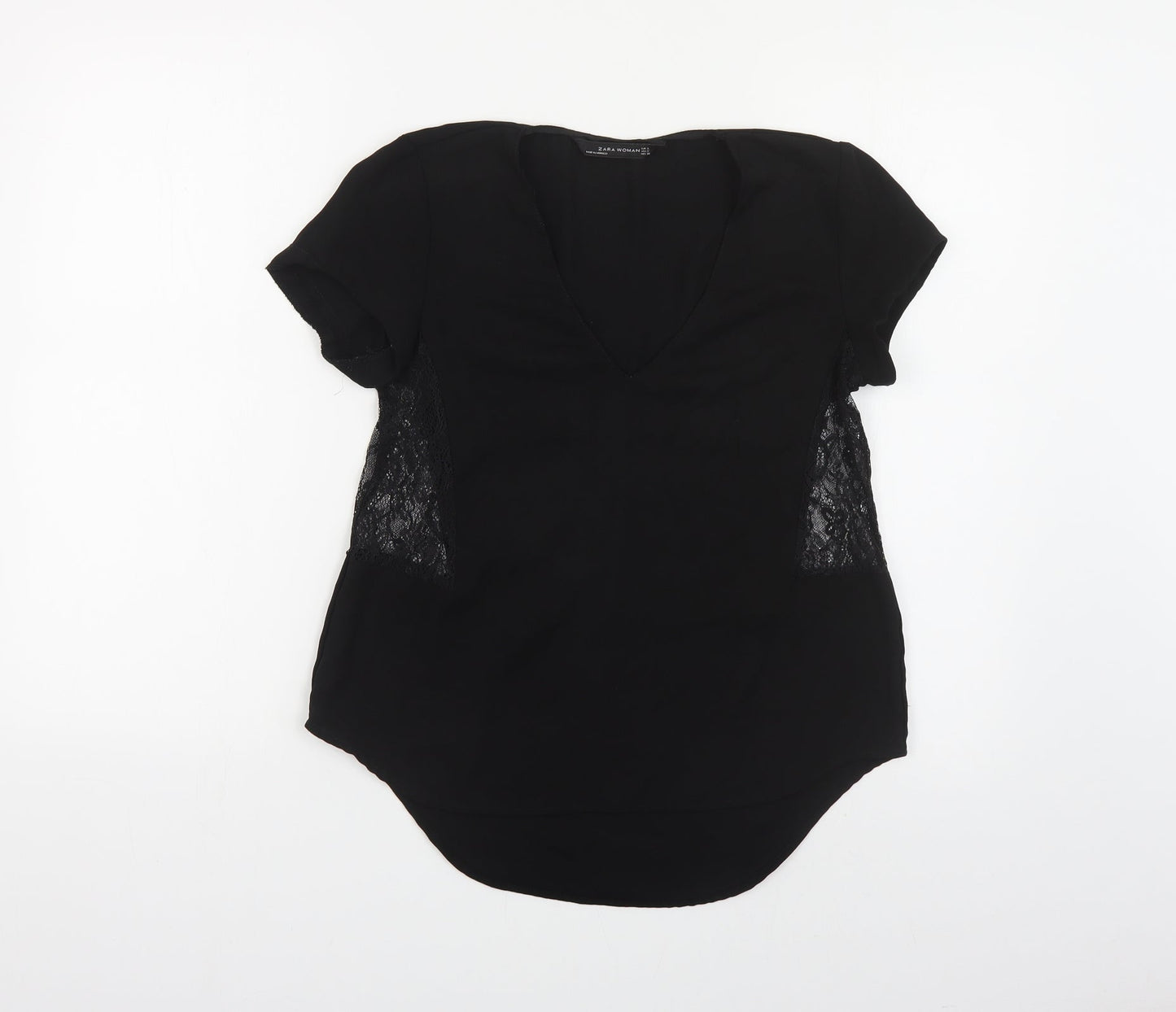 Zara Womens Black Polyester Basic Blouse Size S V-Neck - Lace Detail