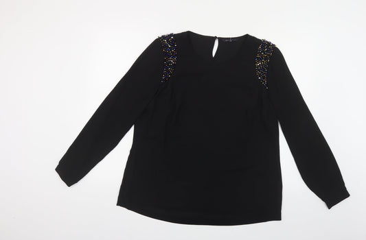 Marks and Spencer Womens Black Polyester Basic Blouse Size M Round Neck - Embellished Shoulders