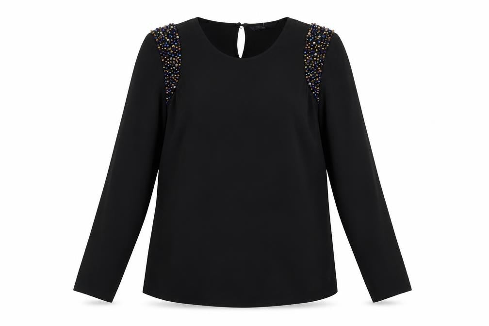 Marks & Spencer Womens Black Polyester Basic Blouse Size M Round Neck - Embellished Shoulders