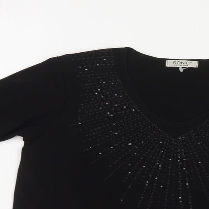 Sonic Womens Black Polyester Basic Blouse Size 12 Scoop Neck