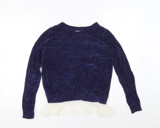 Oh MG Womens Blue Boat Neck Rayon Pullover Jumper Size S - Lace hem