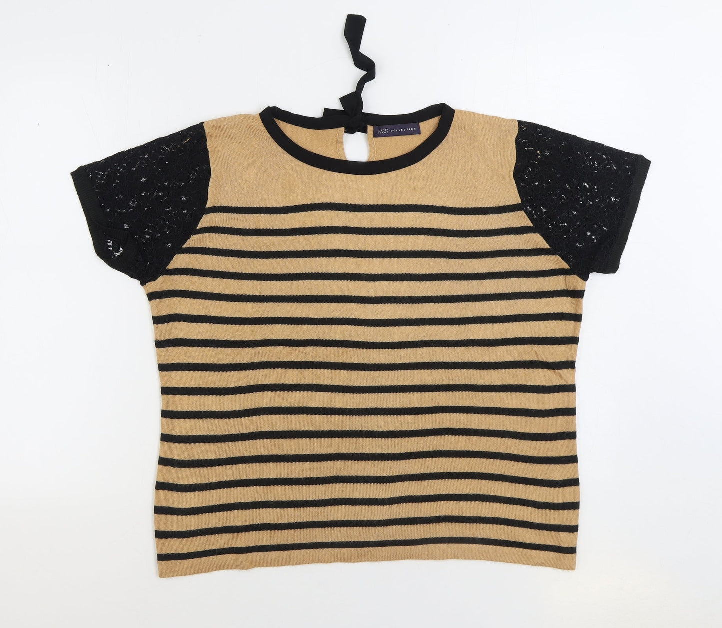 Marks and Spencer Womens Brown Round Neck Striped Viscose Pullover Jumper Size 16 - Lace sleeve detail