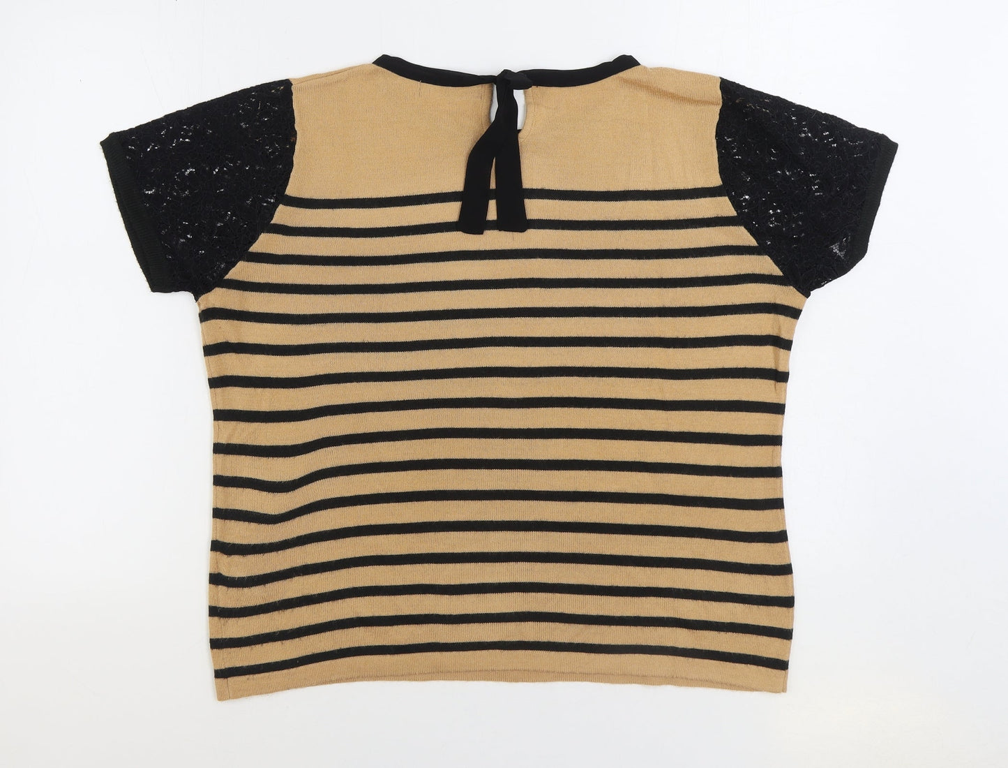 Marks and Spencer Womens Brown Round Neck Striped Viscose Pullover Jumper Size 16 - Lace sleeve detail