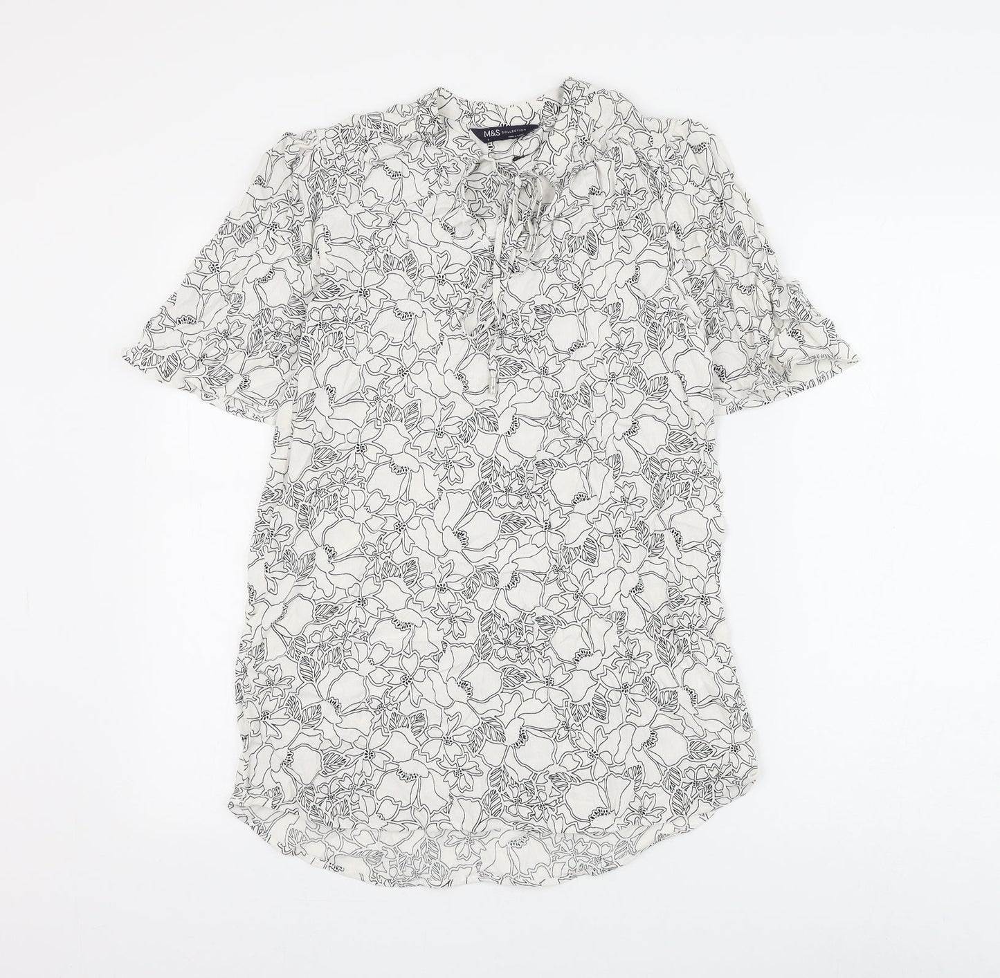 Marks and Spencer Womens White Floral Viscose Basic Blouse Size 6 V-Neck