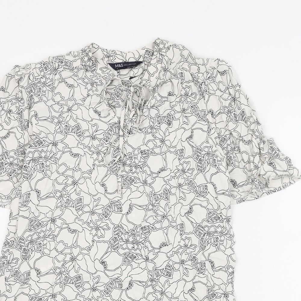 Marks and Spencer Womens White Floral Viscose Basic Blouse Size 6 V-Neck