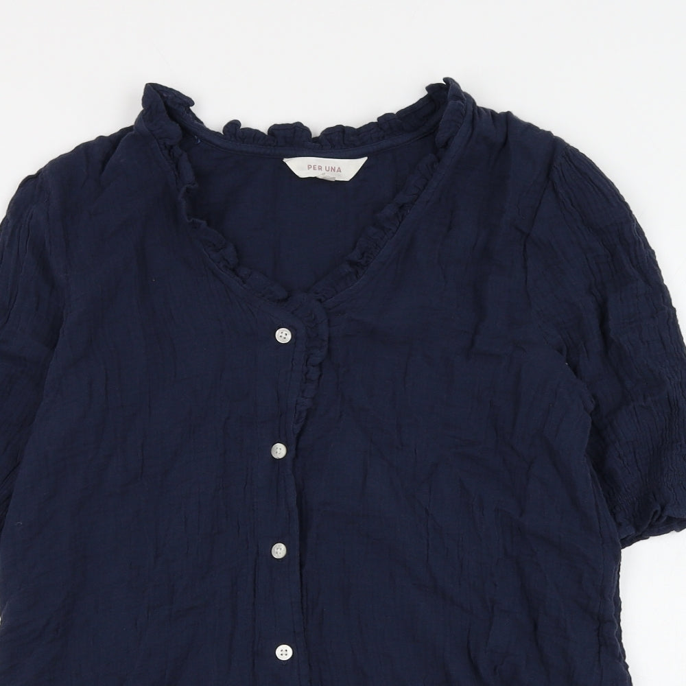 Per Una Womens Blue Cotton Basic Button-Up Size 6 V-Neck