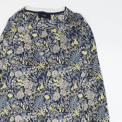 Next Womens Blue V-Neck Floral Cotton Pullover Jumper Size 8