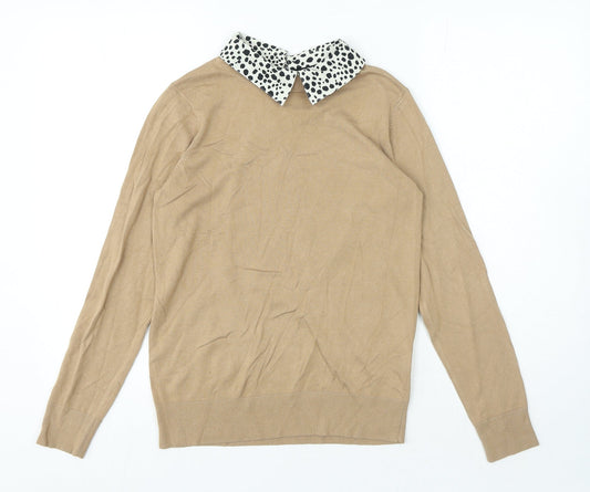 Dorothy Perkins Womens Beige Collared Polka Dot Viscose Pullover Jumper Size 8