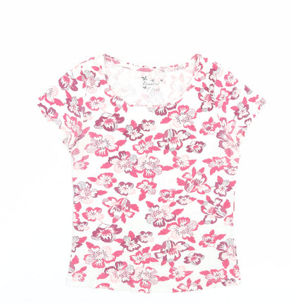 Essentials Womens Pink Floral Polyester Basic T-Shirt Size 10 Crew Neck