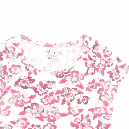 Essentials Womens Pink Floral Polyester Basic T-Shirt Size 10 Crew Neck