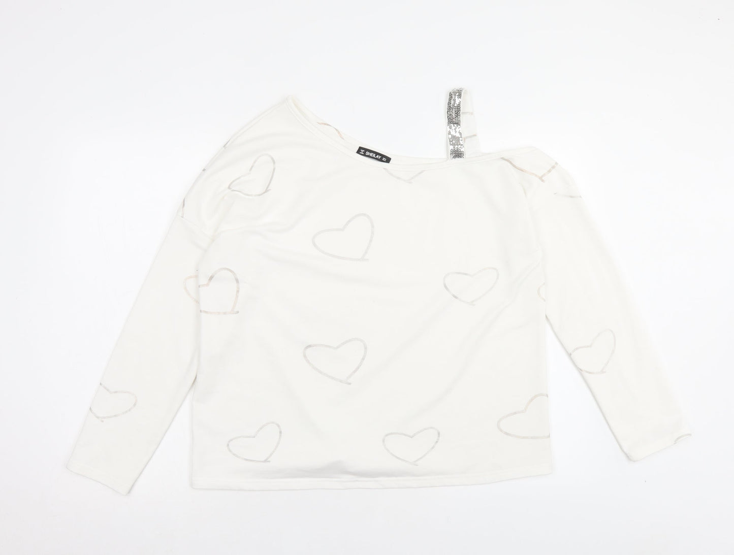 Sheilay Womens White Geometric Polyester Basic T-Shirt Size M One Shoulder - Heart Pattern