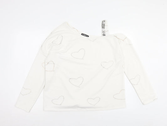 Sheilay Womens White Geometric Polyester Basic T-Shirt Size M One Shoulder - Heart Pattern