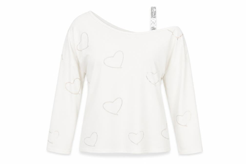 Sheilay Womens White Geometric Polyester Basic T-Shirt Size M One Shoulder - Heart Pattern