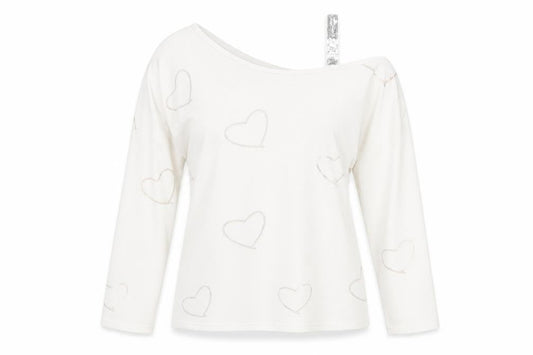 Sheilay Womens White Geometric Polyester Basic T-Shirt Size M One Shoulder - Heart Pattern