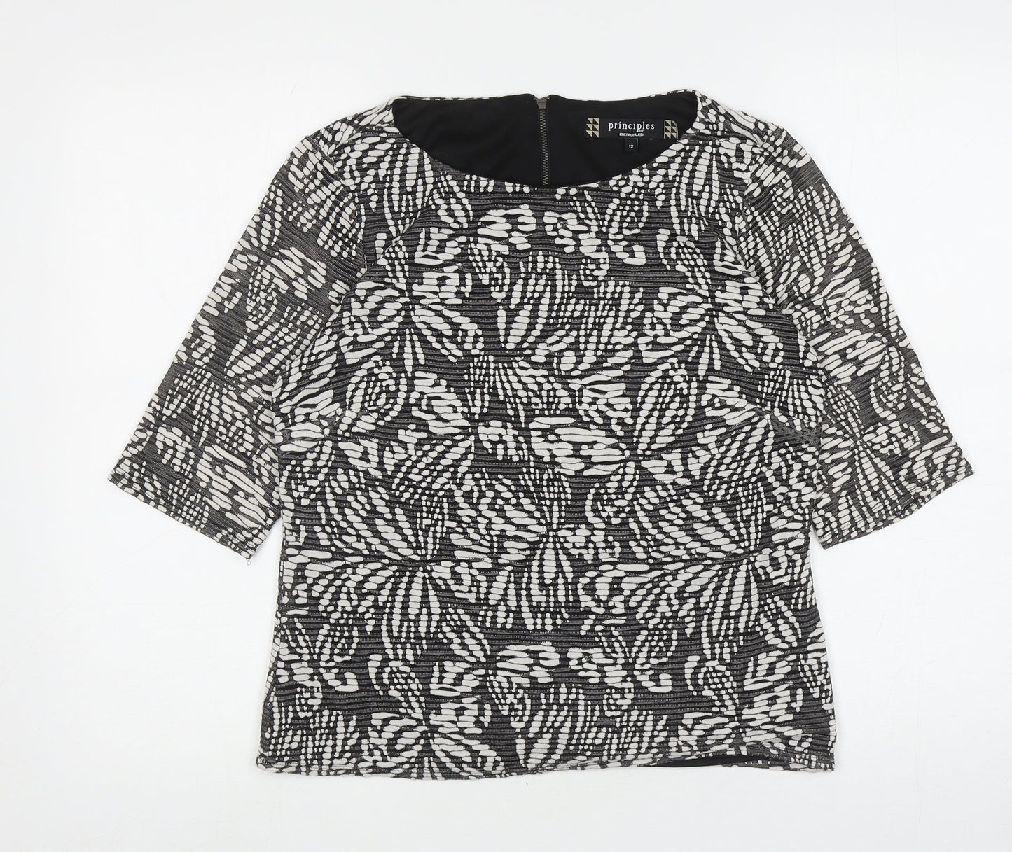 Principles Womens Black Floral Viscose Basic Blouse Size 12 Boat Neck