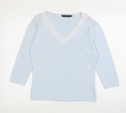 Debbie Morgan Womens Blue V-Neck Nylon Pullover Jumper Size M