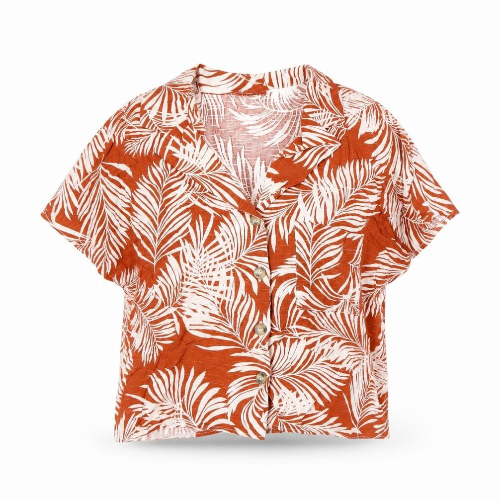 Primark Womens Orange Floral Viscose Cropped Button-Up Size 6 Collared