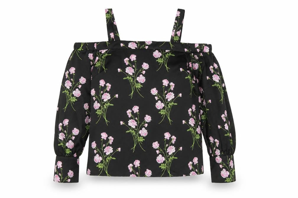 Warehouse Womens Black Floral Polyester Basic Blouse Size 10 Off the Shoulder - Cold Shoulder