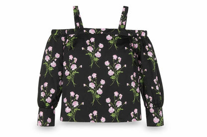 Warehouse Womens Black Floral Polyester Basic Blouse Size 10 Off the Shoulder - Cold Shoulder